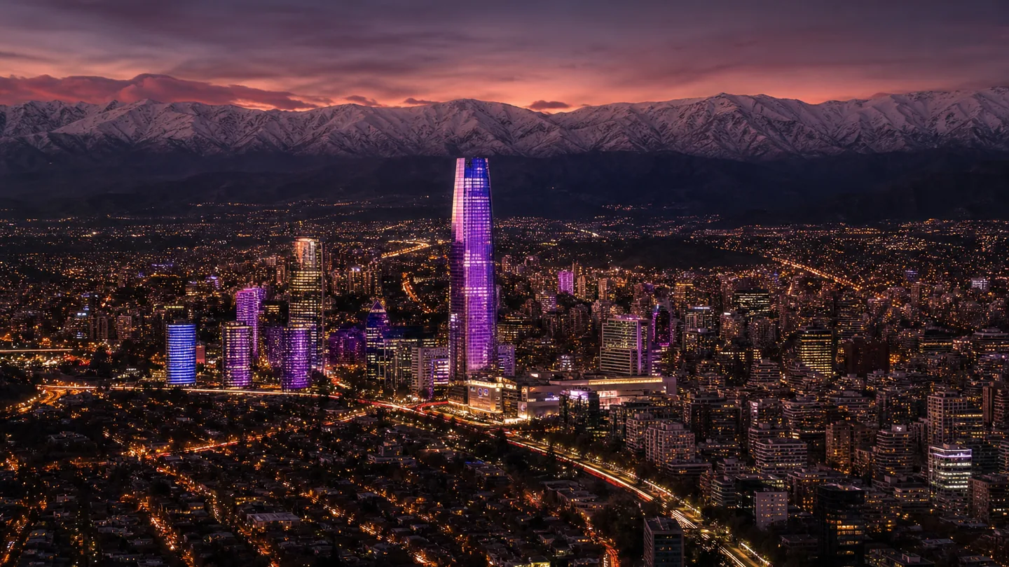 Vista aérea nocturna de Santiago de Chile con la cordillera al fondo y torres iluminadas en violeta