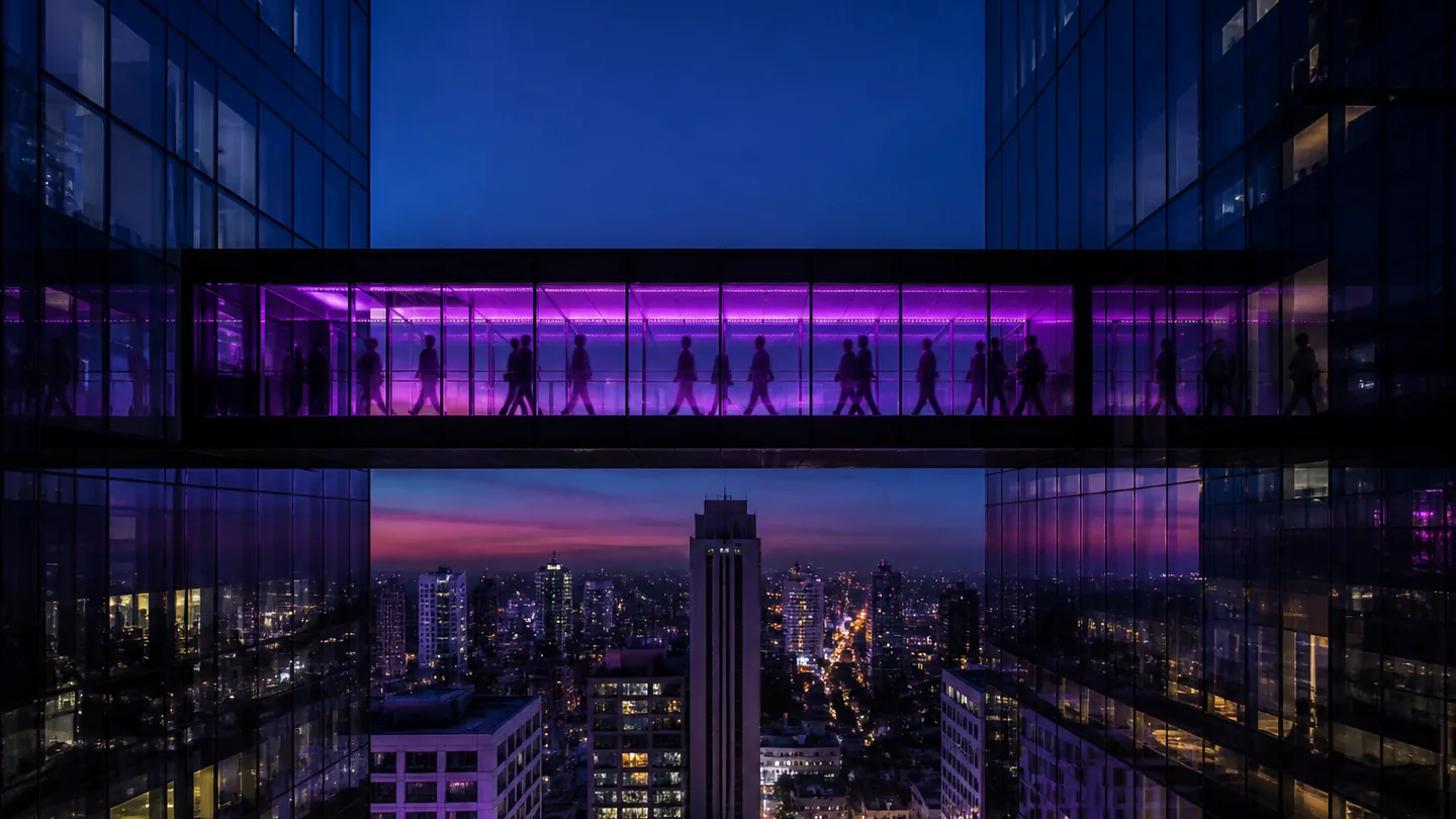 Dos torres de vidrio unidas por un puente iluminado en violeta al anochecer