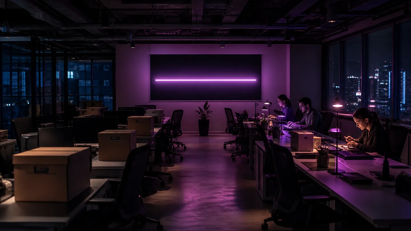 Oficina de noche con escritorios vacíos y cajas, y una pantalla que muestra una línea plana