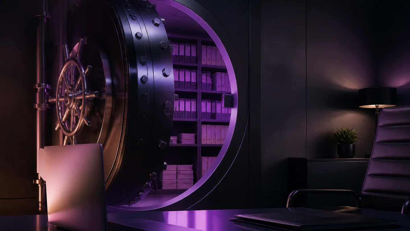 Una puerta de bóveda entreabierta iluminada en violeta con estanterías de expedientes detrás