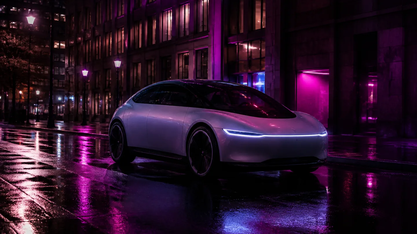 Un vehículo biplaza sin volante detenido en una calle nocturna con reflejos violeta